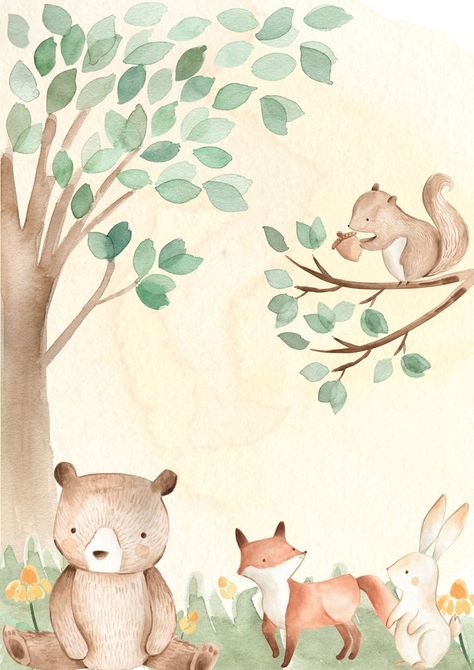 Baby Animal Painting, Buda Wallpaper, Woodland Animal Wall Art, Watercolour Nursery Art, Baby Animal Drawings, Woodland Animal Prints, Baby Animal Prints, Nursery Animal Prints, Woodland Animal