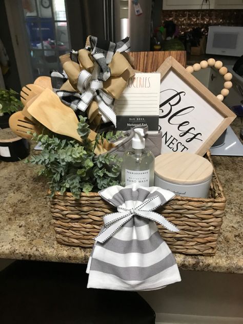 Kitchen Baskets Gift, Home Decor Raffle Basket Ideas, Kitchen Raffle Basket Ideas, Home Decor Gift Basket Ideas, Farmhouse Gift Basket, Home Decor Gift Basket, Bridal Shower Gift Ideas Baskets, Wooden Crate Gift Basket Ideas, Wedding Shower Gift Basket Ideas