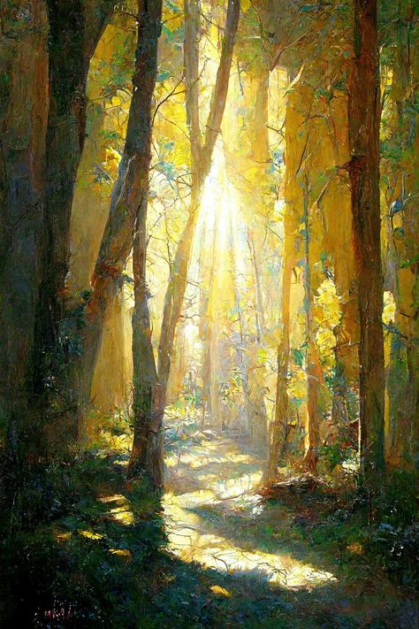 Forest Sunlight Painting, Sun Through Trees Painting, Paintings That Make You Feel Something, Dappled Light Painting, Light Through Trees Painting, Sunlight Through Trees Painting, Tree Shadow Painting, Daylight Painting, Sunlight Through Trees