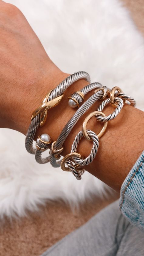 Bracelet stack, David yurman dupes Stacked David Yurman Bracelets, Vintage David Yurman, Cable Bracelet Stack, David Yurman Stacked Bracelets, Stacked Bracelets With Watch, David Yurman Stack, Yurman Bracelet Stack, Designer Bracelet Stack, David Yurman Bracelet Stack