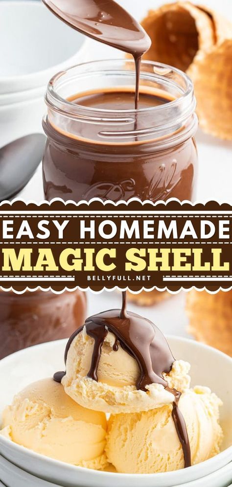 Magic Shell Recipe, Homemade Magic Shell, Chocolate Syrup Recipes, Flourless Chocolate Cookies, Ice Cream Recipes Machine, Magic Shell, Easy Ice Cream, Stuffed Shells Recipe, Cream Pie Recipes