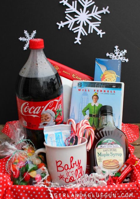 Buddy the Elf Crafts, Recipes and More! - ELF Movie Inspired Best Christmas Gift Baskets, Christmas Gift Baskets Diy, Raffle Baskets, Lite Brite, Easy Diy Christmas Gifts, Themed Gift Baskets, Elf Movie, Diy Gift Baskets, Last Minute Christmas Gifts