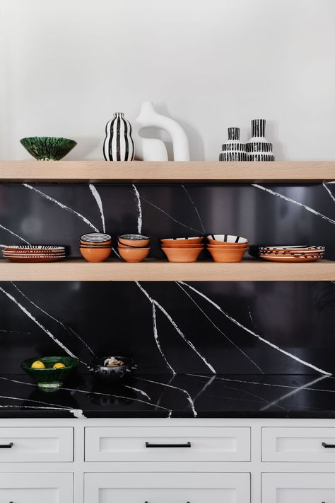 Black countertop and splashback with white veining Kitchen Countertop Ideas, Black Kitchen Countertops, Black Countertop, Going Dark, Absolute Black Granite, Countertop Ideas, Black Granite Countertops, Black Counters, Black Countertops