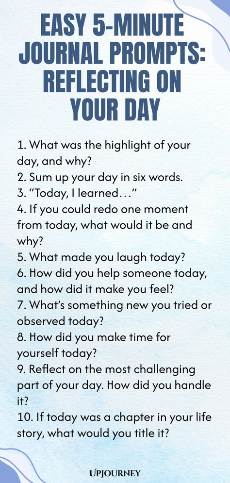 Enhance your daily journaling routine with these quick and effective 5-minute prompts focused on reflecting on your day. Journaling has never been easier - spend just a few minutes each evening to process your thoughts, emotions, and experiences. These prompts will help you to prioritize self-reflection and mindfulness in your busy schedule. Start incorporating these simple prompts into your nightly routine to promote mental clarity, emotional well-being, and personal growth. Daily Journal Prompts Night Time, Night Time Journal Prompts, 30 Day Journal Prompts, Reflection Journaling, Journal Thoughts, Journaling Routine, Work Etiquette, Psychology Terms, Mindfulness Journal Prompts