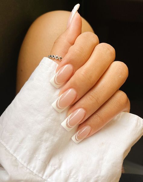 white french tip ideas 🤍 White Nail Inspo French Tip, Nails Inspiration White French Tip, Tapered Square Nails Short French Tip, White Top Nails French Tips, White Tip Acrylic Nails Designs, Acrylic Nails Ideas Short French Tip, Cute Nails With White Tips, French Too Square Nails, French Tip And Lines Nails