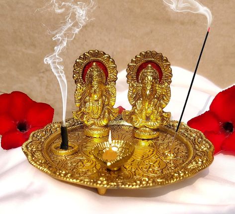 Aluminium Golden Color Plated Laxmi Ganesha Idol with Platter Plate for Puja Diwali Gift Items Deepawali Decorations Indian Dhanteras Pooja Statue Thali #amazon #diwali #decor Dhanteras Pooja, Diwali Gift Items, Hindu Mandir, Puja Thali, Haldi Kumkum, Diwali Pooja, Home Indian, Pooja Thali, Diwali Special