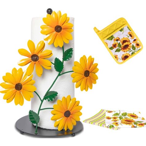 PRICES MAY VARY. Brighten Your Kitchen - Transform your kitchen into a lively, welcoming space with the Vendstars Sunflower Kitchen Decor Set. This set is the perfect addition to achieve a cheerful atmosphere. The meticulously crafted yellow kitchen accessories, along with matching towels and a hand mitt, brings the beauty and joy of sunflowers into your home. The standout piece in this kitchen sunflower decor collection is the paper towel holder, adorned with vibrant yellow flowers and lush gre Yellow Kitchen Accessories, Sunflower Stuff, House Collage, Countertop Paper, Sunflower Paper, Sunflower Accessories, Towel Holder Stand, Sunflower Home Decor, Kitchen Decor Sets