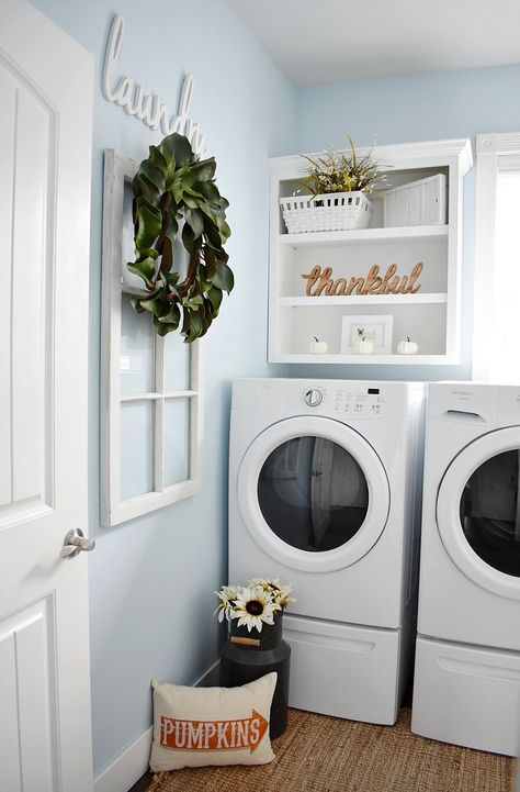 Bedroom Inspirations Light Blue Wall, Powder Blue Laundry Room, Laundry Room Blue Walls, Light Blue Laundry Room Walls, Dusty Blue Laundry Room, Blue Laundry Room Walls, Pale Blue Laundry Room, Laundry Room Light Blue Cabinets, Baby Blue Laundry Room