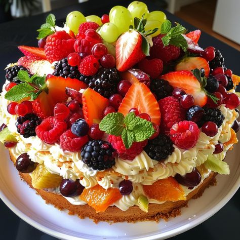 Fresh Fruit Topped Cream Cake Ingredients For the Sponge Cake: 1 1/2 cups all-purpose flour 1 cup granulated sugar 1/2 cup unsalted butter, room temperature 4 large eggs 1/2 cup whole milk 2 tsp baking powder 1 tsp vanilla extract 1/4 tsp salt For the Cream Topping: 2 cups heavy whipping cream 1/2 cup powdered sugar 1 tsp vanilla extract For the Fruit Topping: 1 cup strawberries, hulled and halved 1 cup raspberries 1 cup blackberries 1/2 cup blueberries 1/2 cup red grapes 1/2 cup green gra... Fruit Topping, Greek Sweets, Fruit Toppings, Whipping Cream, Red Grapes, Cute Desserts, Heavy Whipping Cream, Whole Milk, Sponge Cake