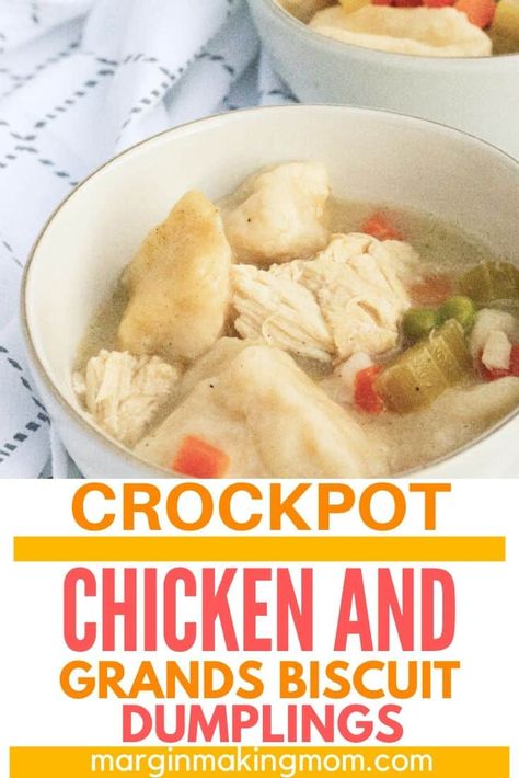 This recipe for Crockpot chicken and dumplings uses refrigerated Pillsbury Grands biscuits to make the dumplings, so it's a fabulous shortcut for busy moms! Chicken And Dumplings Pillsbury, Biscuit Chicken And Dumplings, Chicken And Bisquick Dumplings, Easy Chicken Dumpling Recipes, Easy Dumplings Recipe, Turkey And Dumplings, Grands Biscuits, Smothered Pork Chops Recipe, Easy Dumplings