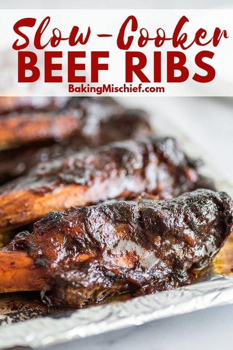 These Slow Cooker Beef Ribs are fall-apart tender, incredibly easy to make, and take only 5 to 10 minutes of prep time. Slow Cooked Beef Ribs In Oven, Beef Back Ribs Recipe Slow Cooker, Slow Cooker Barbecue Beef Ribs, Recipes For Beef Ribs, Slow Cooker Boneless Beef Ribs, Barbeque Ribs In Crockpot, How To Cook Ribs In Crockpot, Crockpot Bbq Short Ribs, Bbq Beef Ribs In The Oven