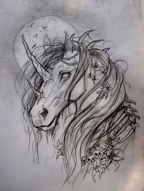 ArtStation - Dark Unicorn, Sarah Richter Creepy Horse Tattoo, Unicorn Skull Tattoo Ideas, Unicorn Drawing Tattoo, Creepy Unicorn Tattoo, Unicorn Drawing Aesthetic, Dark Horse Drawing, Dark Animal Drawings, Creepy Unicorn Drawing, Unicorn Skull Drawing