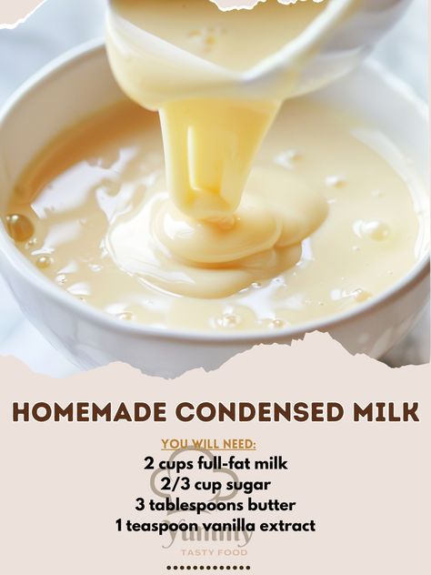 🥛🍯 Make your own magic with our Homemade Condensed Milk recipe! #DIYDesserts #CondensedMilk 🍽️ Homemade Condensed Milk 🛒 Ingredients: 2 cups full-fat milk 2/3 cup sugar 3 tablespoons butter 1 teaspoon vanilla extract 👩‍🍳 Instructions: Combine: In a saucepan, mix milk and sugar. Simmer: Cook over low heat until reduced by half, stirring occasionally. Finish: Add butter and vanilla, stir until smooth. Cool: Let it cool and thicken. ✨ Enjoy and Share: Use your homemade condensed milk in your... Condensed Milk Recipe, Homemade Condensed Milk, Milk And Sugar, Condensed Milk Recipes, Diy Desserts, Milk Recipes, Sweetened Condensed Milk, Condensed Milk, A Pic