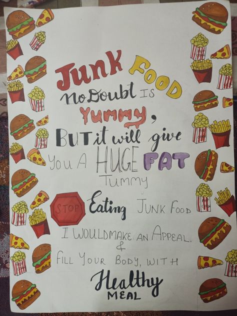 Healthy Junk Food Activities, Slogans On Healthy Food, Nutrition Slogan Ideas, Slogan Science Ideas, Health For All Poster Making, Nutrition Month Slogan Ideas, Avoid Junk Food Poster, Food And Nutrition Project Ideas, Say No To Junk Food Poster