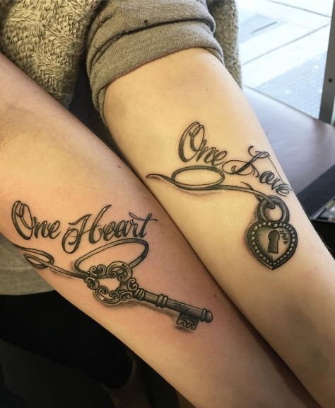 Here's a still shot of the key and locket on Tomas and Bri. Thank you guys again! #bodyartsouljc #bodyandsouljc #jerseycity #jerseycitynj #couplestattoos #lovetattoo #onelove #onelovetattoo #scripttattoo #blackandgreytattoo #tattoolife #tattoolove #tattoolover #tattooart #tattooartist #tattooartwork Cupples Tattoos, Lock And Key Tattoo Designs, Tattoo Designs For Couples, Relationship Tattoo, Lock And Key Tattoo, Key Tattoo Designs, Marriage Tattoos, Him And Her Tattoos, Couple Tattoos Unique Meaningful