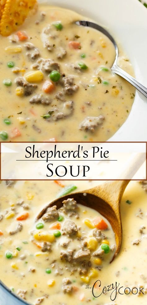 Soups With Cornbread, Soup Recipes Hamburger Meat, Ground Beef Potato Soup Recipes, Fall Soup With Ground Beef, Shepherds Pie Soup Crockpot, Easy Ground Beef Soup Recipes, Sheppards Pie Soup, Homemade Beef Soup Recipes, Potato Ground Beef Soup