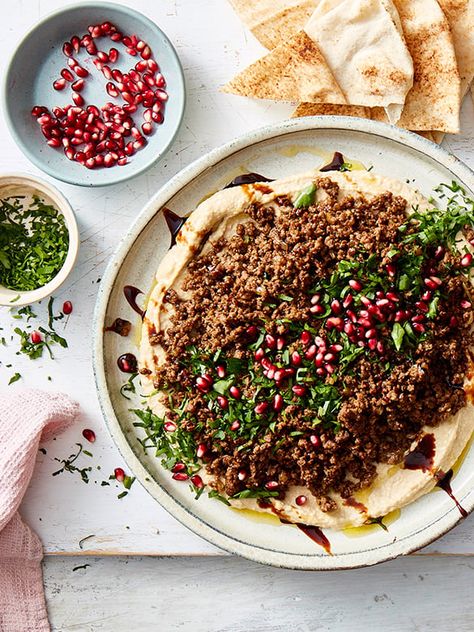 Hummus with spiced Lamb, Pomegranate and Mint | Australian Lamb - Recipes, Cooking Tips and More Pomegranate Lamb, Fermented Green Beans, Spinach Basil Pesto, Roasted Capsicum, Spiced Lamb, Quick Pickled Onions, Asparagus Fries, Roasted Fennel, Speed Foods