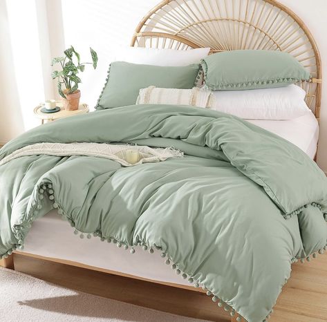 Sage Green Comforter 
Boho 
Pom Poms Mint Green Comforter, Green Comforter Bedroom, Sage Green Bedding Set, Green Comforter Sets, Chic Bed, Green Bedding Set, Queen Size Comforter Sets, Pinterest Room, Green Comforter