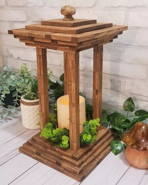 Rebecca on Instagram: "Lantern made with @dollartree Tumbling Tower blocks. Tutorial on my YouTube Bonnie Blings YouTube channel. Click the link in my bio #dollartree #dollartreediy #dollartreecrafts #diy #crafts #craft #homedecor #wood #woodcraft #tumblingtowerblocks #tumblingtowerblocksdiy #lantern" Jenga Blocks Lantern, Jenga Block Candle Holder, Dollar Tree Tumbling Tower Blocks Diy Christmas, Jenga Block Lantern Diy, Jenga Pieces Crafts, Dollar Tree Tumbling Tower Crafts, Tumbling Blocks Crafts, Dollar Tree Tumbling Tower Blocks Diy, Tower Blocks Diy