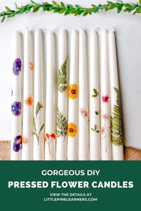 Candles With Wax Flowers, How To Decorate Candles With Flowers, How To Hand Paint Taper Candles, Pressed Flower Taper Candle, Floral Taper Candles, Flowers In Candles, Candle Sticks Diy, Nature Crafts For Adults Diy, Midsommar Party