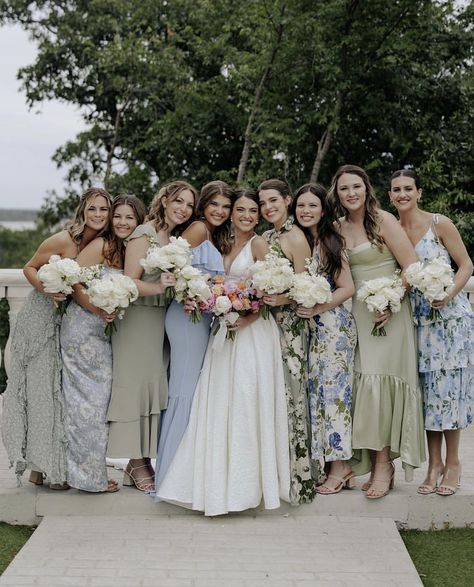 Spring Mix And Match Bridesmaid Dresses, September Wedding Party Colors, Muted Color Bridesmaid Dresses, 5 Bridesmaids Mismatched, Mix N Match Bridesmaid Dresses, September Wedding Colors Blue, Light Blue And Light Green Wedding, Blue Mix And Match Bridesmaid Dresses, Wild Flower Bridesmaid Dresses