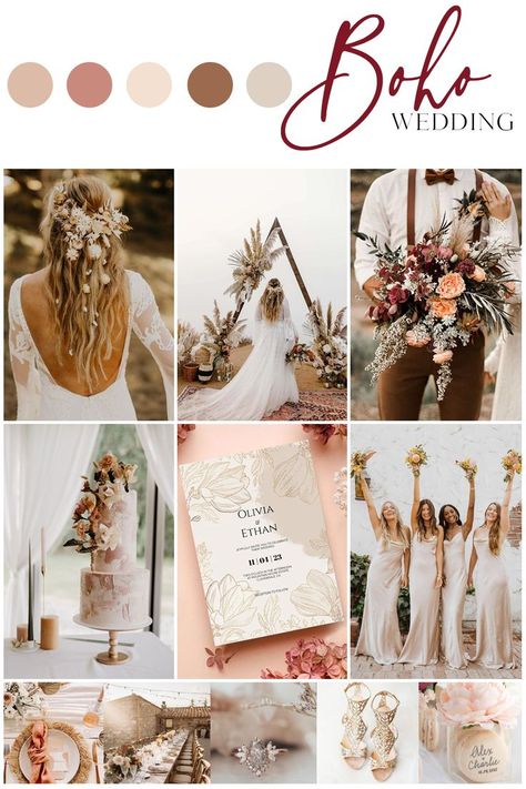 Boho Chic Wedding Theme Ideas, March Wedding Colors Boho, Boho Wedding Colors Summer, Pampas Grass Wedding Color Scheme, Neutral Garden Wedding Color Schemes, Light Boho Wedding Theme, Boho Wedding Pallet, Boho Glam Wedding Color Palette, Wedding Color Schemes Boho