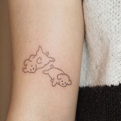 Dog Tattoo Ideas Aesthetic, Dog Matching Tattoos, Simple Puppy Tattoo, Aesthetic Dog Tattoo Ideas, Korean Dog Tattoo, Kawaii Dog Tattoo, Matching Dog Tattoos, Mini Dog Tattoo, Dog With Wings Tattoo