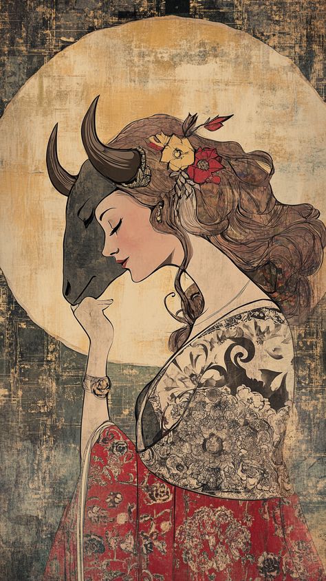 Taurus embodied as an elegant woman, showcasing strength and serenity in vibrant lines and bold colors, inspired by Valerio Adami's distinctive style. Taurus Woman Art, Taurus Goddess, Taurus Woman, Woodburning Projects, Woman Art, Wood Burning, Elegant Woman, Wall Hangings, Female Art