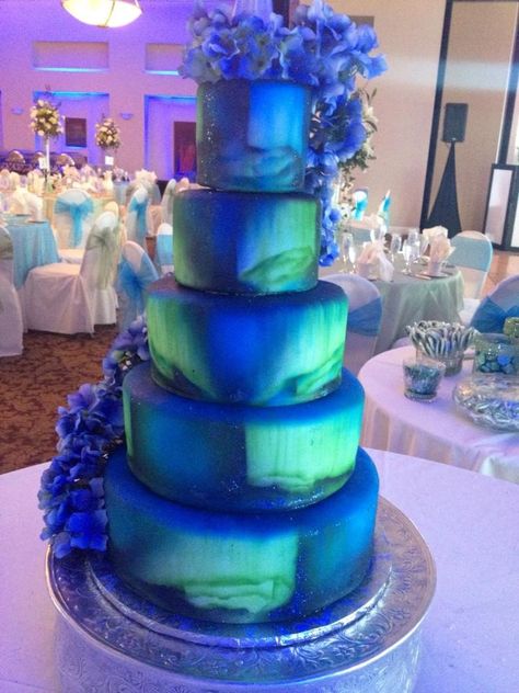 Northern Lights wedding cake (Aurora Borealis) annacakes.com Northern Lights Wedding Cake, Northern Lights Theme Wedding, Aurora Borealis Wedding Theme, Northern Lights Wedding Theme, Northern Lights Cake, Galaxy Wedding Cake, Northern Lights Wedding, Aurora Borealis Wedding, Northern Lights Decorations