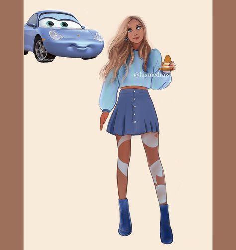 Lighting Mcqueen And Sally Costume, Sally From Cars Halloween Costume, Sally Cars Costume Women, Cars Inspired Outfits, Lightning Mcqueen Couples Costume, Sally And Mcqueen Costume, Sally From Cars Costume, Cars Characters As Humans, Sally Cars Costume