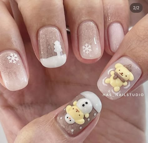 Dog Design Nails, Christmas Sanrio Nails, Christmas Nails Kawaii, Pochacco Nail Art, Sanrio Christmas Nails, Korean Winter Nails, Spidey Nails, Cute Bear Nails, Korea Nail Art