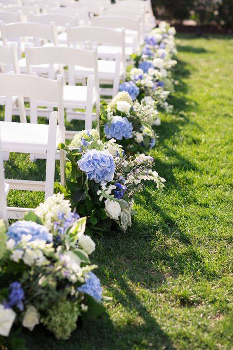 Hydrangea Aisle Decor, Blue Aisle Flowers, Flower Aisle Runner, Wedding Walkway, Pale Blue Wedding, Baby Blue Weddings, Summer Wedding Ceremony, Blue White Weddings, Ceremony Aisle