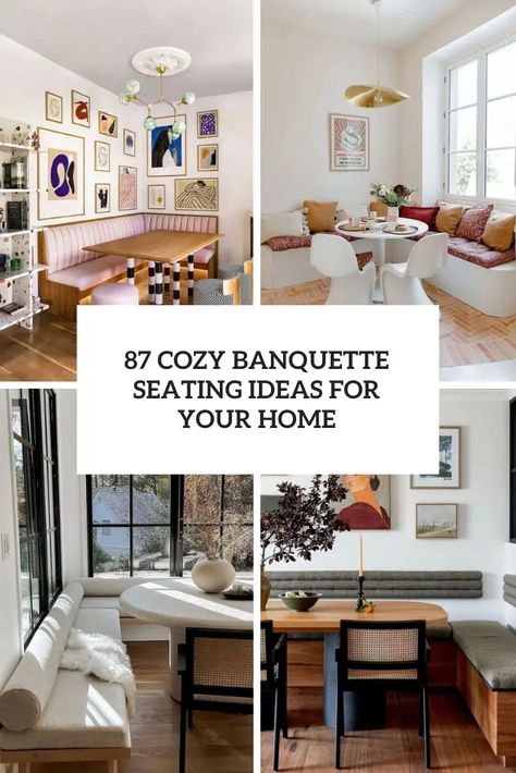 Cozy Banquette Seating Ideas For Your Home Small Banquette Seating In Kitchen Diy, Banquette Seating In Front Of Sliding Glass Door, Banquette Fabric Ideas, Banquette Seating Nook, Boho Banquette, Dining Room Booth Ideas, Banquette Seating In Sunroom, Dining Room With Nook, Banquette Seating Against Window