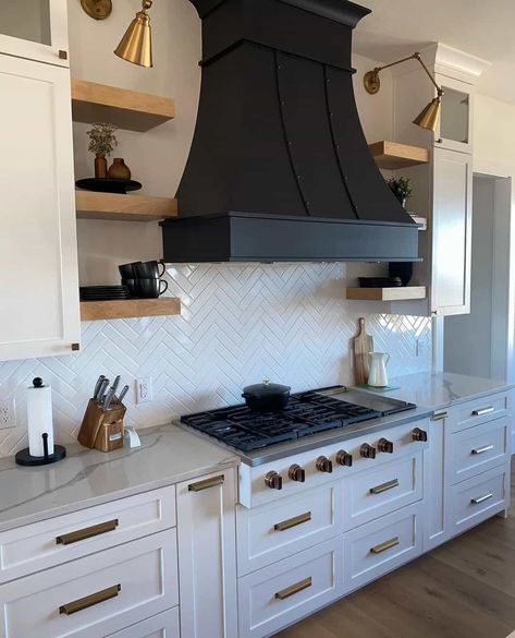 Range Hood Floating Shelves, White Herringbone Tile Backsplash, White Herringbone Backsplash, Kitchen Hood Vent, Black Range Hood, Kitchen Hood Ideas, White Herringbone Tile, Herringbone Tile Backsplash, Farmhouse Kitchen Backsplash