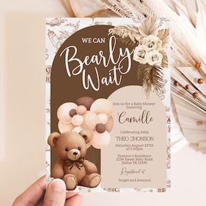 If you love bears don't miss out on this super cute invitation for your Baby Shower! Balloon Invitation, Bear Baby Shower Theme, Baby Shower Theme Decorations, Baby Shower Brunch, Gender Reveal Invitations, Baby Gender Reveal, Baby Gender, Baby Bear Baby Shower, Pink Parties