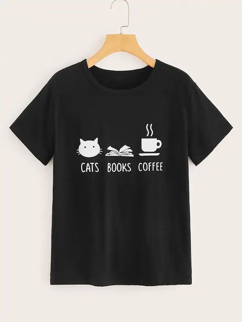 Idee Cricut, Books Coffee, Letter Print Tee, Rick Y Morty, Cat Books, Latest T Shirt, Buy A Cat, Print Tee, Shein Style