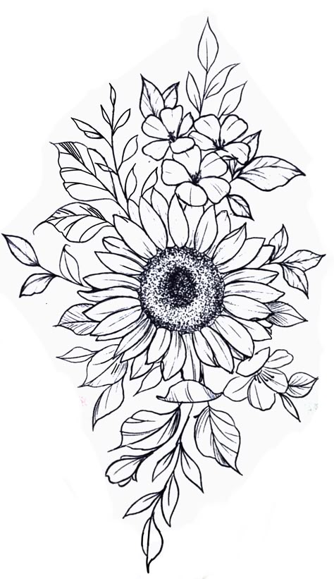 Simple Flower Hip Tattoo, Tropical Flower Line Drawing, Hip Sleeve Tattoos Women, Sunflower Tattoo Thigh Hip, Sunflower Hip Tattoos Women, Simple Sunflower Tattoo Outline, Thigh Tattoo Stencil, Sunflower Outline Tattoo, Simple Hip Tattoos Women