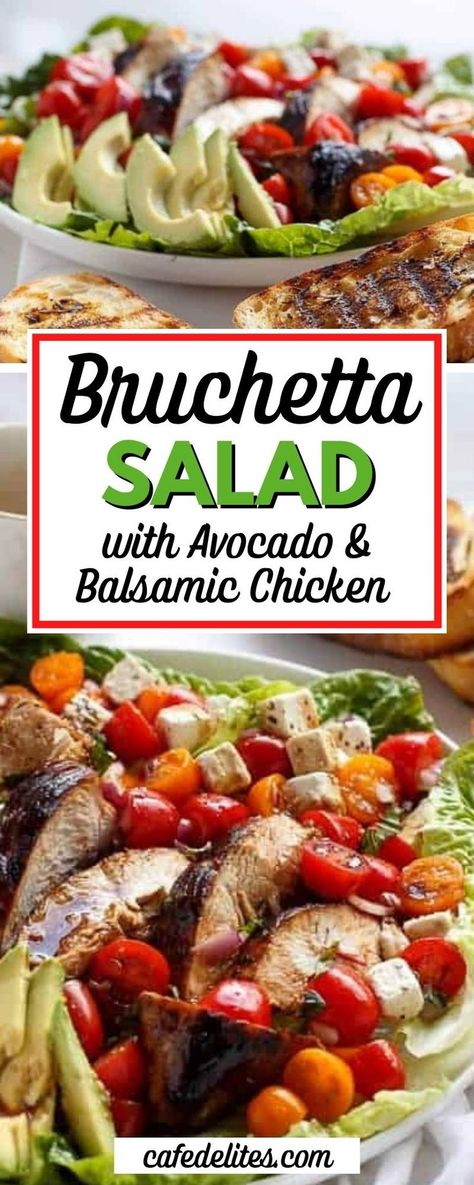 Bruschetta Salad with Grilled Balsamic Chicken and Avocado is a twist on classic bruschetta. This recipe turns bruschetta into a salad with grilled balsamic chicken and avocado. This is the perfect lunch or dinner recipe and is so easy to make. Serve this bruschetta salad with sourdough bread brushed with garlic-infused olive oil! Balsamic Chicken Salad Recipe, Brushetta Recipes With Balsamic, Tomato Bruschetta With Balsamic Glaze, Balsamic Chicken Avocado Caprese Salad, Tomato Balsamic Bruschetta, Blt Balsamic Chicken Avocado & Feta Salad, Southwest Chicken Salad, Avocado Chicken Salad, Macaroni Salad Recipe