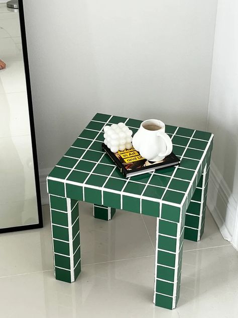 Artsy Side Table, Quirky Room Decor Eclectic, Green Tile Table, Tile Nightstand, Funky Side Table, Color Grout, Table Tile, Table Cube, Ceramic Side Table