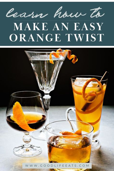 A Orange Twist is usually used to garnish classic cocktail recipes such as an Old Fashioned. Orange peel garnishes are so easy to make and can be used for more more than just cocktails. Read on to learn how to make 4 different types of orange twists and different ways to use them. An orange twist, in the world of cocktails, is a delightful and versatile garnish that adds a burst of citrusy aroma and flavor and pop of color to your favorite beverages. | @goodlifeeats Orange Peel Garnish, Summer Entertaining Recipes, Types Of Oranges, How To Make Orange, Drink Garnishing, Seasoned Veggies, Orange Cocktails, Delicious Family Meals, Classic Cocktail Recipes