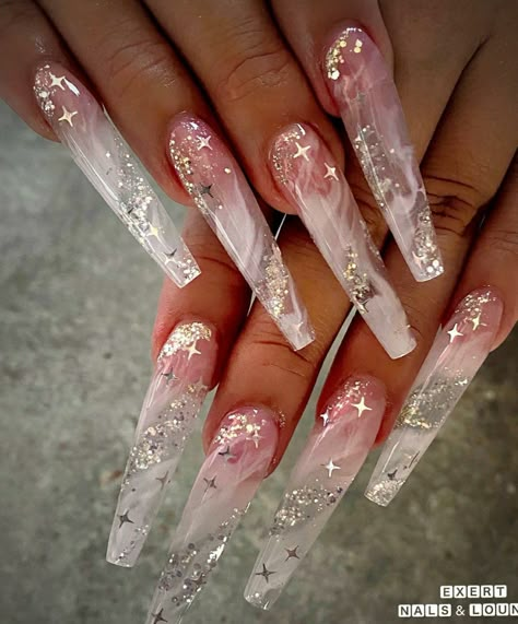 Clear Design Acrylic Nails, Long Acrylic Nails Clear, Clear Glass Nail Designs, Clear Stilletos Nails, White And Clear Nails, Clear Acrylic Nail Designs, Long Clear Nails, Encapsulated Nails Acrylics, Dramatic Nails Designs