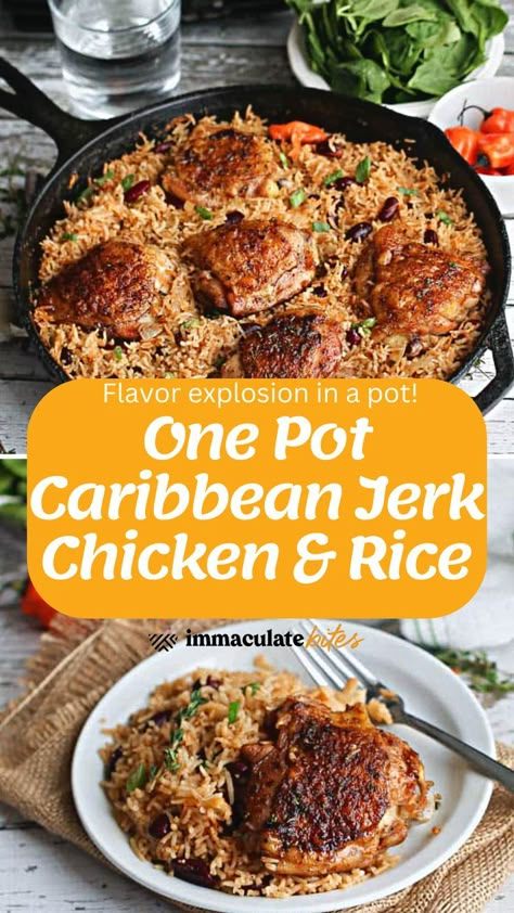 This recipe is a combination of my Caribbean rice and beans and my Oven baked Jerk Chicken. Both of which have been readers’ favorite. And I thank you  immensely for giving it a go and providing feedback. If you love both recipes then you are going to go crazy over this one. What’s not to love about less prep, less cleaning, and it’s on the table in about an hour. Oven Baked Jerk Chicken, Chicken Rice Easy, Jerk Chicken Rice, Caribbean Rice And Beans, Baked Jerk Chicken, Jerk Chicken And Rice, Chicken Thighs In Oven, Jerk Recipe, Caribbean Rice