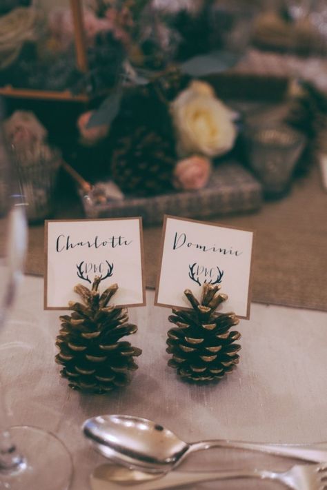 Pine cone place cards are a really simple rustic wedding decoration that transforms your table. Perfect for autumn or winter weddings, pine cones are cheap and easy for guests to take away as wedding favours too. Click through for 50 more free wedding ideas. #weddingdecor #wedding Favours Ideas, Winter Wedding Table, Bridal Bouquet Blue, Marriage Day, Wedding Centrepieces, Marriage Invitations, Tablescape Ideas, Name Place Cards, Martha Stewart Weddings