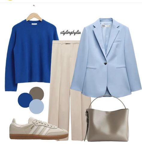 Blue Blazer Outfit, Navy Blue Outfit, Spring Outfit Ideas, Blazer Outfit, Beige Pants, Blazer Blue, Light Spring, Stylish Work Outfits, Women's Casual Style