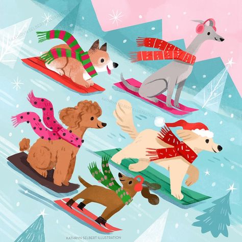 Kathryn Selbert Illustration, Winter Dog Illustration, Sledding Illustration, Kathryn Selbert, Dog Sleds, Drawing Snow, Christmas Card Illustration, Winter Illustration, Christmas Memories