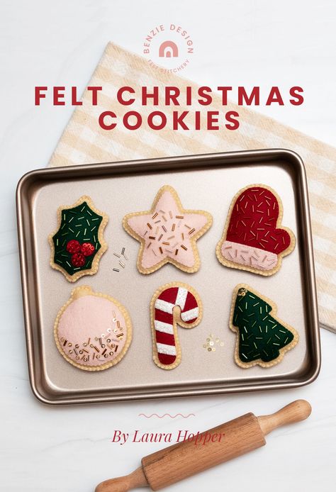 Felt Christmas Cookies Tutorial Felt Christmas Cookies, Color Frosting, Felt Food Diy, Felt Food Patterns, Plain Cookies, Cookie Tin, Felt Play Food, Ornament Cookies, Cookie Tutorials