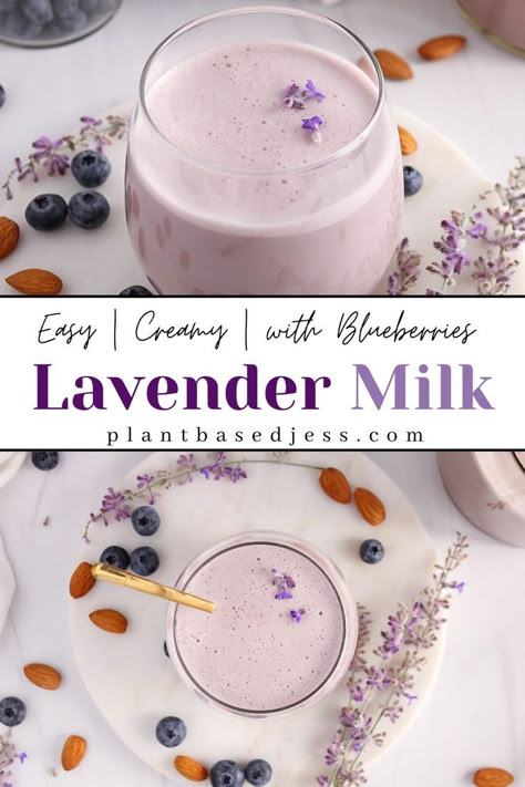 Lavender Milk Tea Recipes, Blueberry Lavender Almond Milk, Lavender Milkshake, Dairy Free Drinks, Lavender Milk Tea, Lavender Smoothie, Almond Milk Tea, Moon Milk Recipe, Lavender Milk