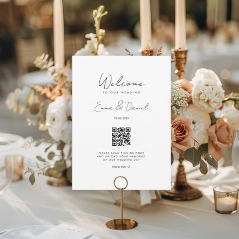 Welcome Table-Card with Couple's Name and Wedding Date, Including QR Code for your Photo Gallery @zazzle Celebrate your love and greet your guests in style with our customized welcome Card! This minimal Card is not only an elegant decoration for your wedding, but also an interactive keepsake that engages your guests. So many pictures are taken by guests at a wedding that the couple often never gets to see. If you want to create a photo gallery where your guests can upload the pictures they've... Welcome To Our Wedding Card, Wedding Welcome Card For Guests, Qr Code Wedding Pictures, Wedding Table Place Settings, Wedding Qr Code, Welcome Photos, Cards On The Table, Qr Code Wedding, Welcome Table