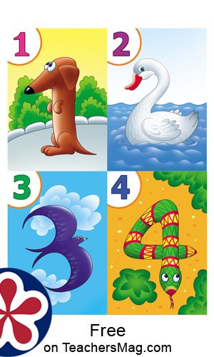 These flash cards are quite fun as the number itself is within an image. For example, a dog is shaped like the number 1, a zebra is shaped like 5, and circus ringmaster is showing-off the number 8. Preschool Numbers, Circus Ringmaster, Math Flash Cards, Touch Math, Cards For Students, Education Magazine, Free Printable Cards, Numbers Preschool, Printable Numbers