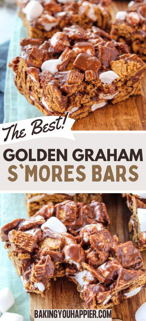 Golden Graham S’mores Bars, layers of ooey-gooey goodness in every chocolatey bite make these delicious no bake bars a favorite treat! Indoor S’mores Golden Grahams, S’mores Squares Golden Grahams, Some More Bars, S’mores Bars Golden Graham, Smores Bars Recipe Golden Grahams, Pinch Of Yum Smores Bars, Golden Graham Bars Recipes, Golden Graham Treats Cereal Bars, Baked Good For Bake Sale